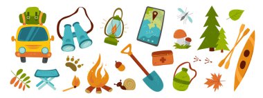 Açık hava eğlencesi: Çatıda sırt çantası, şenlik ateşi, dürbün, fener, kano, akıllı telefonda bir harita, mantar, kürek, matara, ilk yardım çantası, sivrisinek, köknar ağacı olan bir araba..