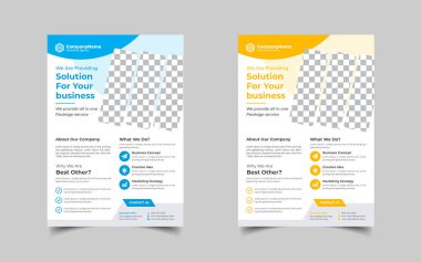 Modern kurumsal broşür tasarım seti ya da mavi, yeşil, kırmızı ve sarı renkli a4 broşür şürü. Pazarlama, iş teklifi, tanıtım broşürü.