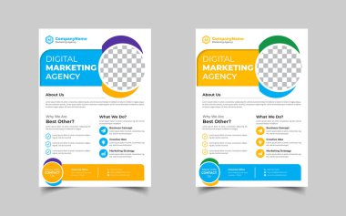 Modern kurumsal broşür tasarım seti ya da mavi, yeşil, kırmızı ve sarı renkli a4 broşür şürü. Pazarlama, iş teklifi, tanıtım broşürü.