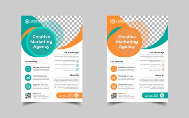 Modern kurumsal broşür tasarım seti ya da mavi, yeşil, kırmızı ve sarı renkli a4 broşür şürü. Pazarlama, iş teklifi, tanıtım broşürü.