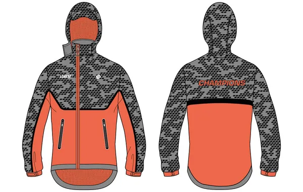 迷彩长袖运动迷彩夹克设计模板在矢量 头罩夹克与前和后看 帽衫冬季男子和妇女夹克 用于冬季训练 跑步和锻炼 — 图库矢量图片
