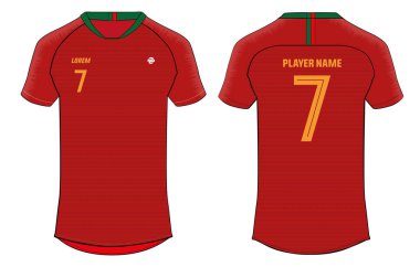 Spor tişörtü forma tasarım vektör şablonu, futbol, kriket, voleybol, rugby için ön ve arka görüşlü spor forması konsepti. 2018 Portekiz futbolu ev forması konsepti.
