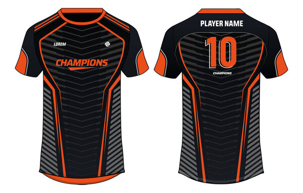 Sports jersey t shirt design concept vector template, abstract geometric printed Round neck football jersey concept with front and back view for gaming, soccer, Volleyball and e-sport uniform