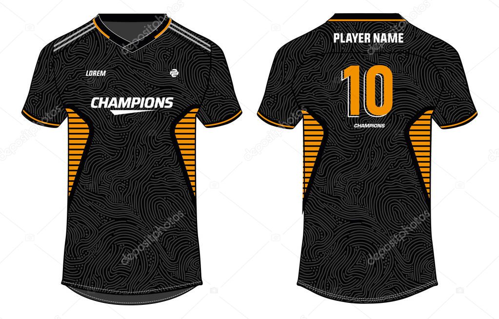 Sports t-shirt jersey design concept vector template, Abstract pattern v neck Football jersey concept with front and back view for Soccer, Cricket, Volleyball, Rugby, tennis, badminton uniform kit