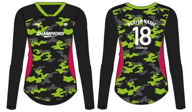 Voleybol forması, futbol, futbol, netbol ve bayanlar için uygun kamuflaj desenli kadın Uzun Kollu Spor Jersey tişörtü tasarımı düz çizim çizimi. Spor üniforma takımı.