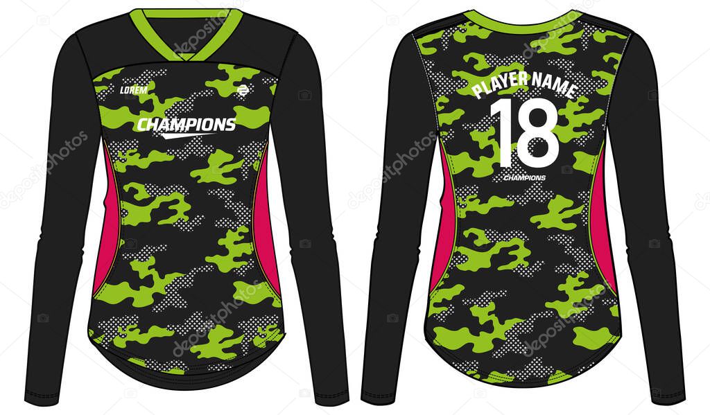 Women Long Sleeve Sports Jersey t-shirt design flat sketch illustration in camouflage pattern suitable for girls and Ladies for Volleyball jersey, Football, Soccer and netball. Sport uniform kit