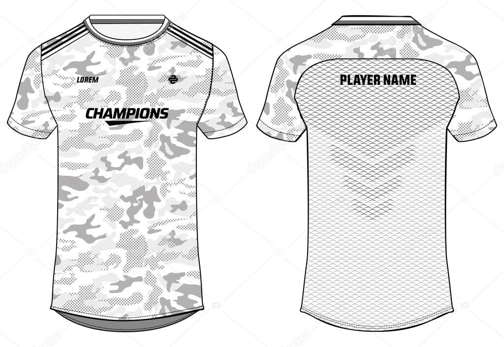 Camouflage Sports jersey t shirt design Flat sketch illustration, Round neck football jersey concept with front and back view for Cricket, soccer, Volleyball, Rugby, tennis and badminton uniform kit