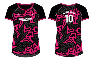 Kamuflaj desenli kadın spor forması tasarımı düz çizim çizimi, yuvarlak boyun tişörtü ve bayanlar voleybol forması, futbol, futbol, netbol ve tenis, spor için spor üniforması takımı