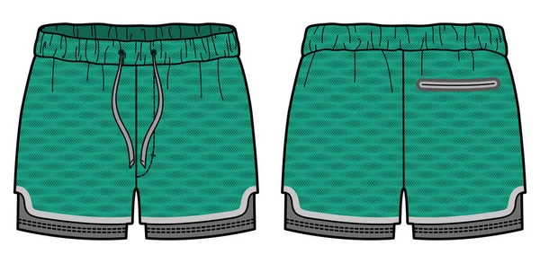 Sıkıştırılmış tayt tasarım vektör şablonu, futbol, badminton ve çalışan aktif giyimli çift katmanlı şortlar için ön ve arka görüşlü basketbol şablonu konsepti, çift katmanlı şablon tasarımı