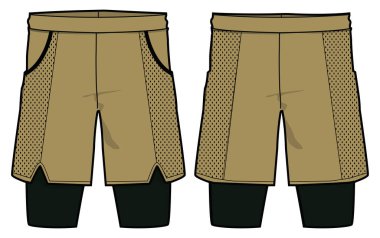 Sport Shorts with compression inner tights design vector template, basketball shorts concept with front and back view for Soccer, football, badminton and running active wear Belay shorts design.