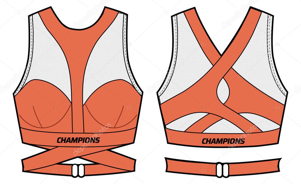 Women wrap around Sports bra top active sports Jersey design flat sketch fashion Illustration suitable for girls and Ladies, Vest for Swim, yoga, gym, running and sports activity