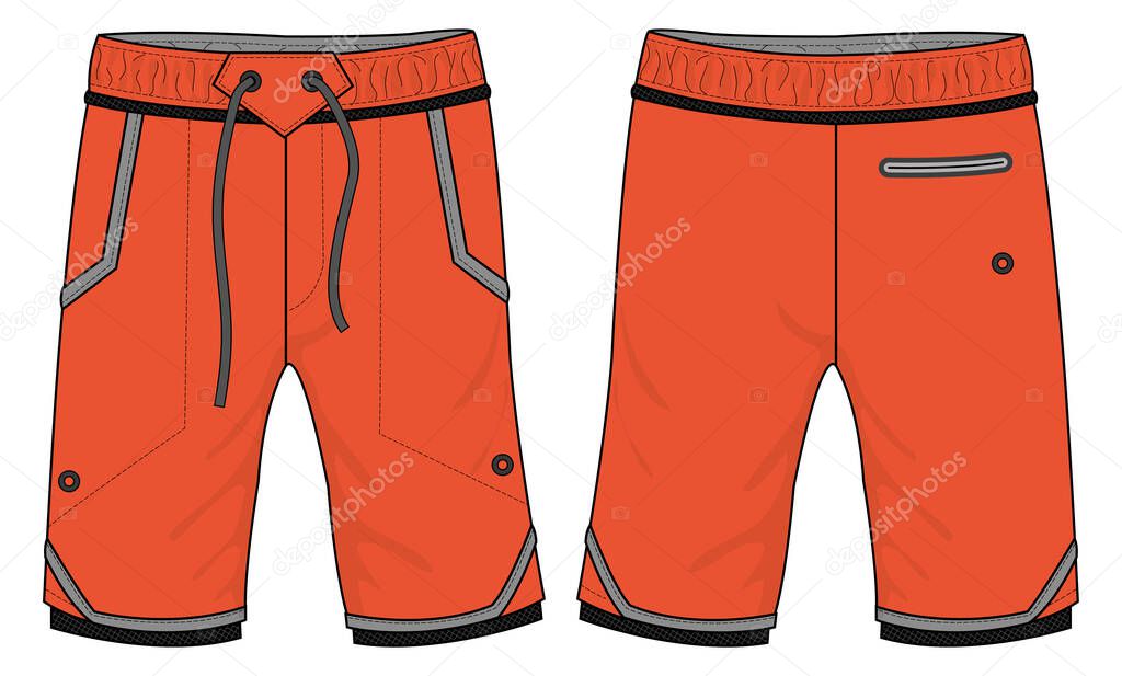 Board Shorts design vector template, Swim shorts concept with front and back view for Surfing, Swimming, Soccer, basketball, Volleyball, tennis, badminton and running active wear shorts design.