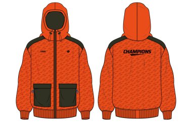 Long sleeve Camouflage Hoodie jacket design template in vector, Hooded utility jacket with front and back view, hooded winter jacket for Men and women. for hiker, outerwear and workout in winter