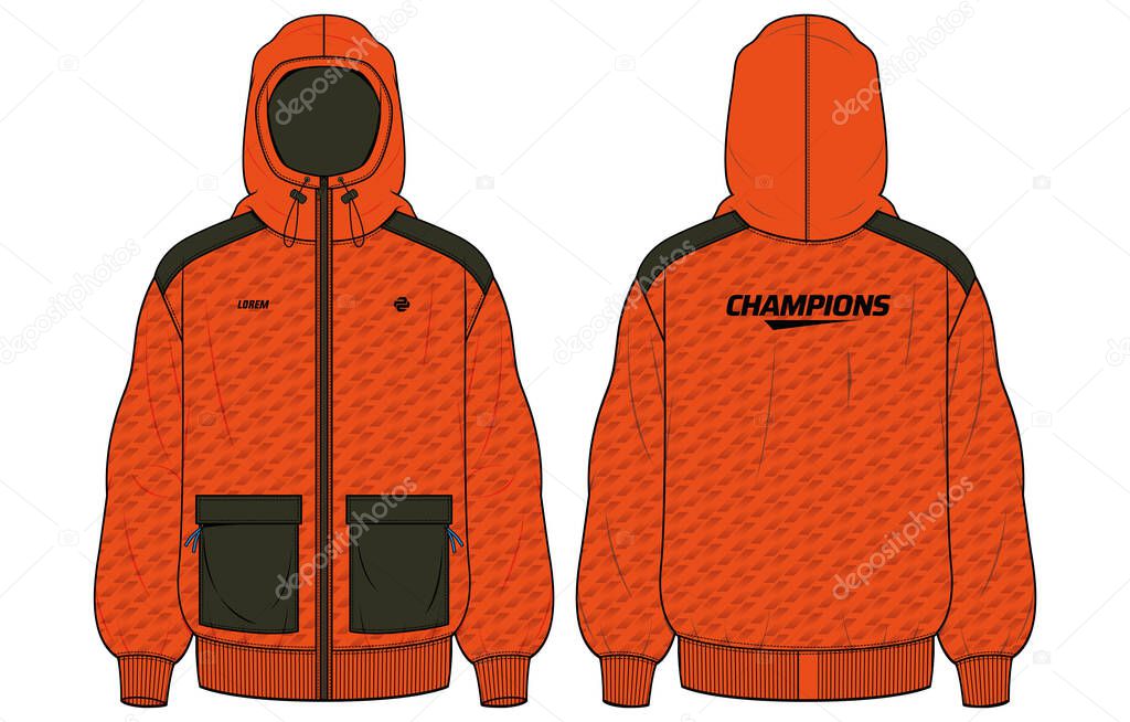 Long sleeve Camouflage Hoodie jacket design template in vector, Hooded utility jacket with front and back view, hooded winter jacket for Men and women. for hiker, outerwear and workout in winter