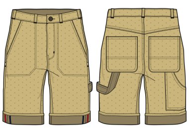 Chino Carpenter Shorts tasarım düz çizim vektör illüstrasyonu, kot günlük kısa konsept ön ve arka görünüm, basılı Cargo aracı bermuda tasarım illüstrasyon
