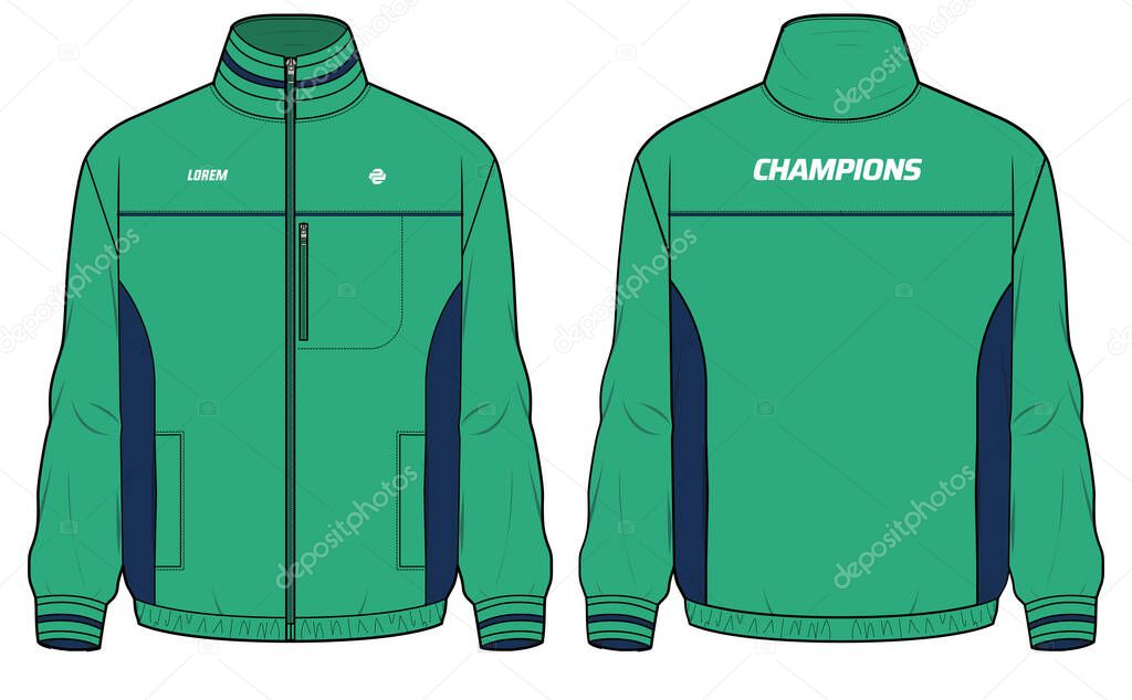 Long sleeve bomber track jacket design flat sketch Illustration, track top jacket with front and back view, winter jacket for Men and women. for hiker, tracking, outerwear and workout in winter