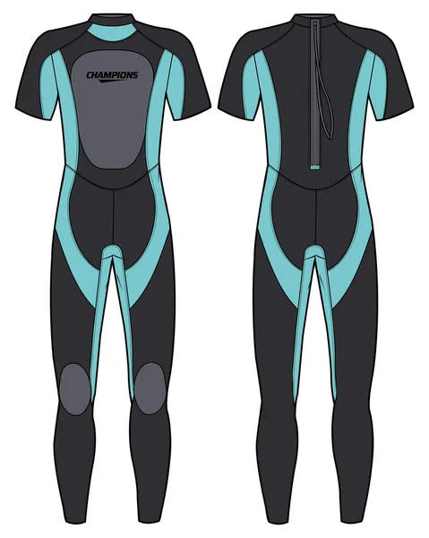 Full Body Diving Wetsuit Back Zipper Flat Sketch Design Illustration — Stock Vector