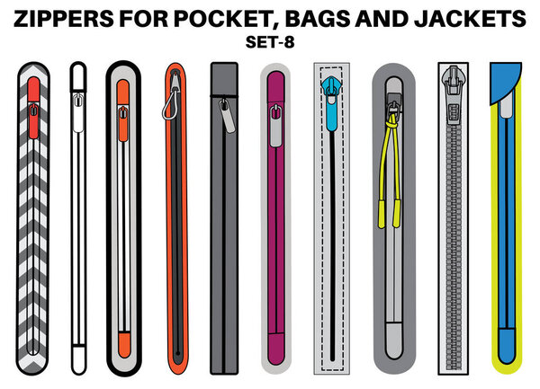 Zip fastener with Zipper puller flat sketch vector illustrator. Set of water proof invisible Zip pocket types for Shorts, Pants, dress garments, bags, jackets Clothing and Accessories
