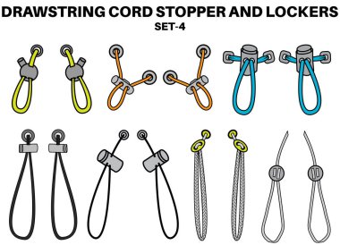 Drawstring cord stopper flat sketch vector illustrator. Set of Draw string lock slider toggles fastener for bags, back backs, jackets, Shorts. Plastic Drawcord lock end toggle to pulled or tighten