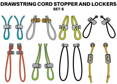 Drawstring cord stopper flat sketch vector illustrator. Set of Draw string lock slider toggles fastener for bags, back backs, jackets, Shorts. Plastic Drawcord lock end toggle to pulled or tighten