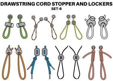 Drawstring cord stopper flat sketch vector illustrator. Set of Draw string lock slider toggles fastener for bags, back backs, jackets, Shorts. Plastic Drawcord lock end toggle to pulled or tighten