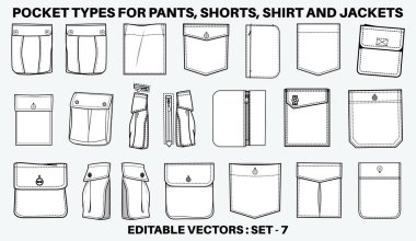 Patch pocket flat sketch vector illustration set, different types of Clothing Pockets for jeans pocket, denim, sleeve arm, cargo pants, dresses, bag, garments, Clothing and Accessories clipart