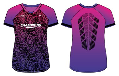 Women Sports Jersey tişörtü tasarımı Düz Çizim İllüstrasyonu, Kelebek Kanat desenli V Neck tişörtü Bayanlar Voleybol forması, Futbol, badminton, Futbol ve netbol, Spor üniforması takımı