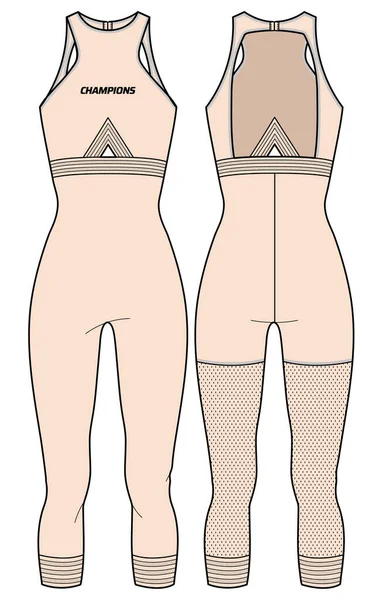 女子运动无袖全身服短裤主动式女装设计扁平素描时尚图解 适合女生和女士穿 运动胸罩活动穿的紧身衣 — 图库矢量图片