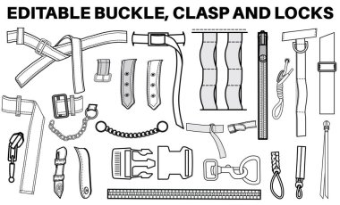 Buckles, Sliders ve clasps düz çizim vektör çizim seti, farklı tipte aksesuarlar, sırt çantaları için kilitler ve tokalar, tırmanma ekipmanları, giysi bağlayıcılar ve giysi kemerleri