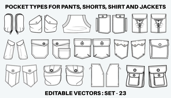 Патч карман плоский эскиз векторный набор иллюстраций, различные виды одежды Карманы для джинсов карман, джинсы, рукав, грузовые брюки, платья, сумки, одежда, одежда и аксессуары