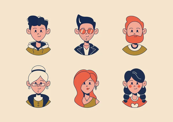 Hombres y mujeres de diferentes edades avatares. Ilustración vectorial de estilo plano aislado sobre fondo blanco. — Vector de stock