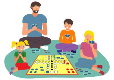 Aile gecesi ev aktiviteleri. İnsanlar evde yerde iskambil oynayarak eğleniyorlar. Ailenle vakit geçir. Tahta Oyunu
