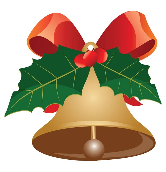 Рождественский Звонок Векторная Иллюстрация Золотого Металлического Колокола Красным Бантом Белом — стоковый вектор