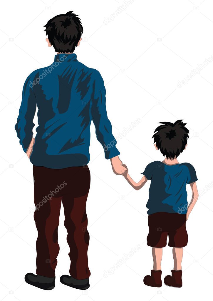 Father holding his son by the hand. Vector Illustration of Dad and Son isolated on white background
