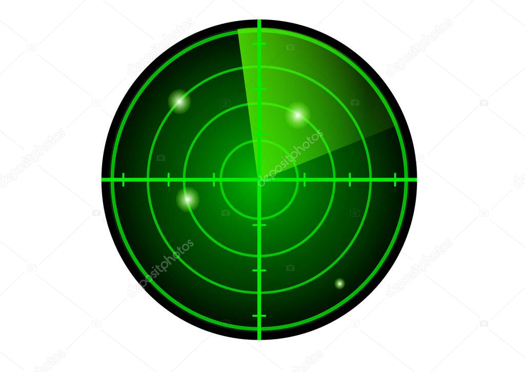 Vector green radar. HUD radar display. Vector illustration of radar with targets in action isolated on white background
