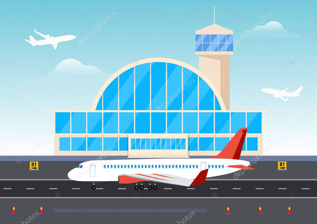 Airport buildings and planes on the runway. Airplane planning in airport building of airport runway skyline illustration