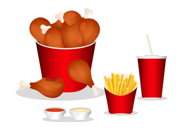 Fast Food Gebakken Vlees Kippenpoten Frietjes Ketchup Mayonaise Saus Frisdrank — Stockvector