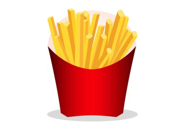 Beyaz arka planda izole edilmiş kırmızı karton kutuda Fransız patatesleri. Fast food patates kızartması.