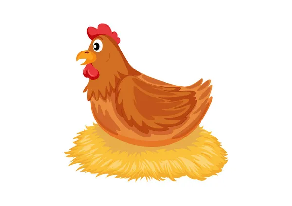 Cartoon Hen Incubating Her Eggs Nest Straw Illustration Hen Sitting — Stock Vector