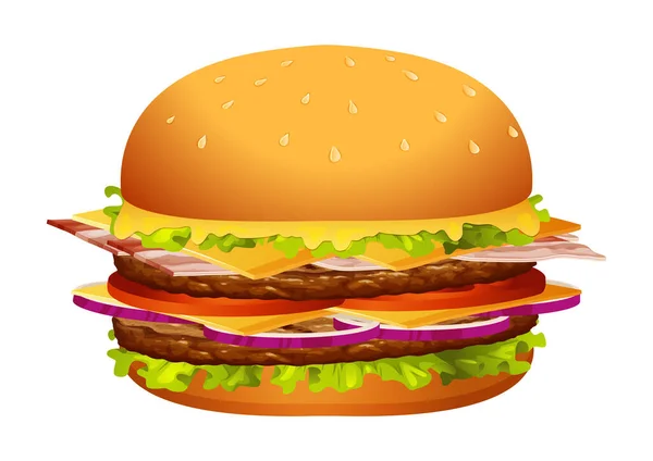 Burger Cheeseburger Com Salada Tomate Vermelho Cebola Carne Molho Close —  Vetores de Stock