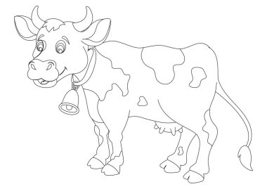 Siyah beyaz çizgi film ineği beyaz arkaplanda izole edildi