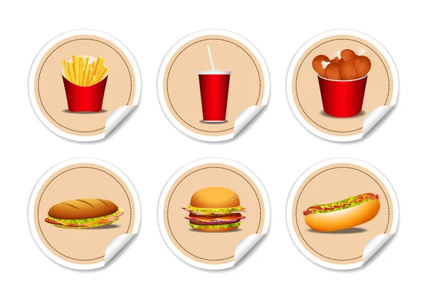 Snelle Junk Food Iconen Frietjes Hotdog Heerlijk Broodje Kippenvleugels Frisdrank — Stockvector