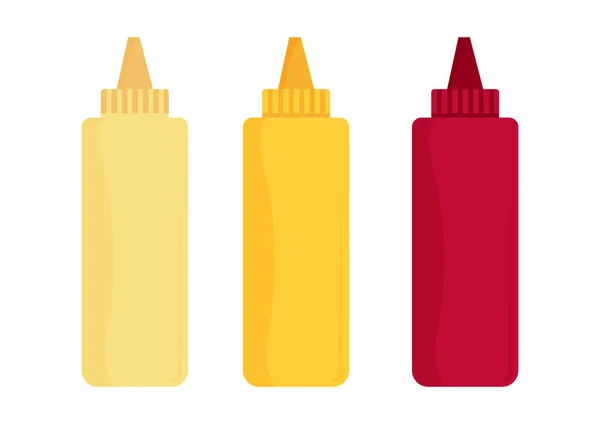 Ketchup Mayonnaise Und Senfpressflaschenvektorillustration Isoliert Auf Weißem Hintergrund — Stockvektor