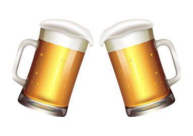Two mugs of beer isolated on white background. Realistic beer mug