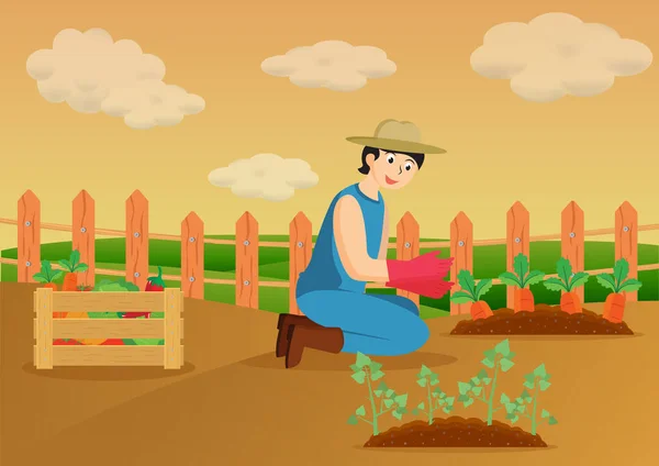Фермер Саду Своїм Врожаєм Овочів — стоковий вектор