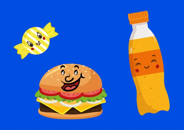 Happy Cartoon Voedsel Collectie Blauwe Achtergrond — Stockvector