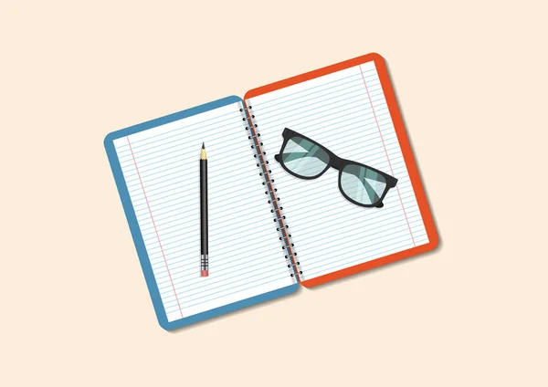 Caderno Aberto Com Óculos Lápis — Vetor de Stock