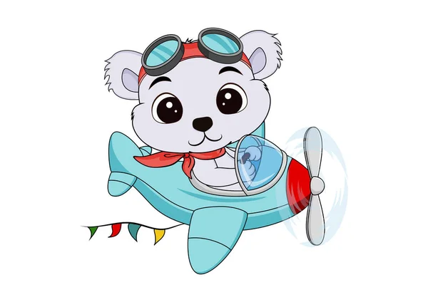 Urso Bonito Dos Desenhos Animados Voando Avião Isolado Fundo Branco —  Vetores de Stock