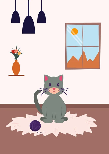 Acogedor Interior Con Lindo Gato Vector — Vector de stock