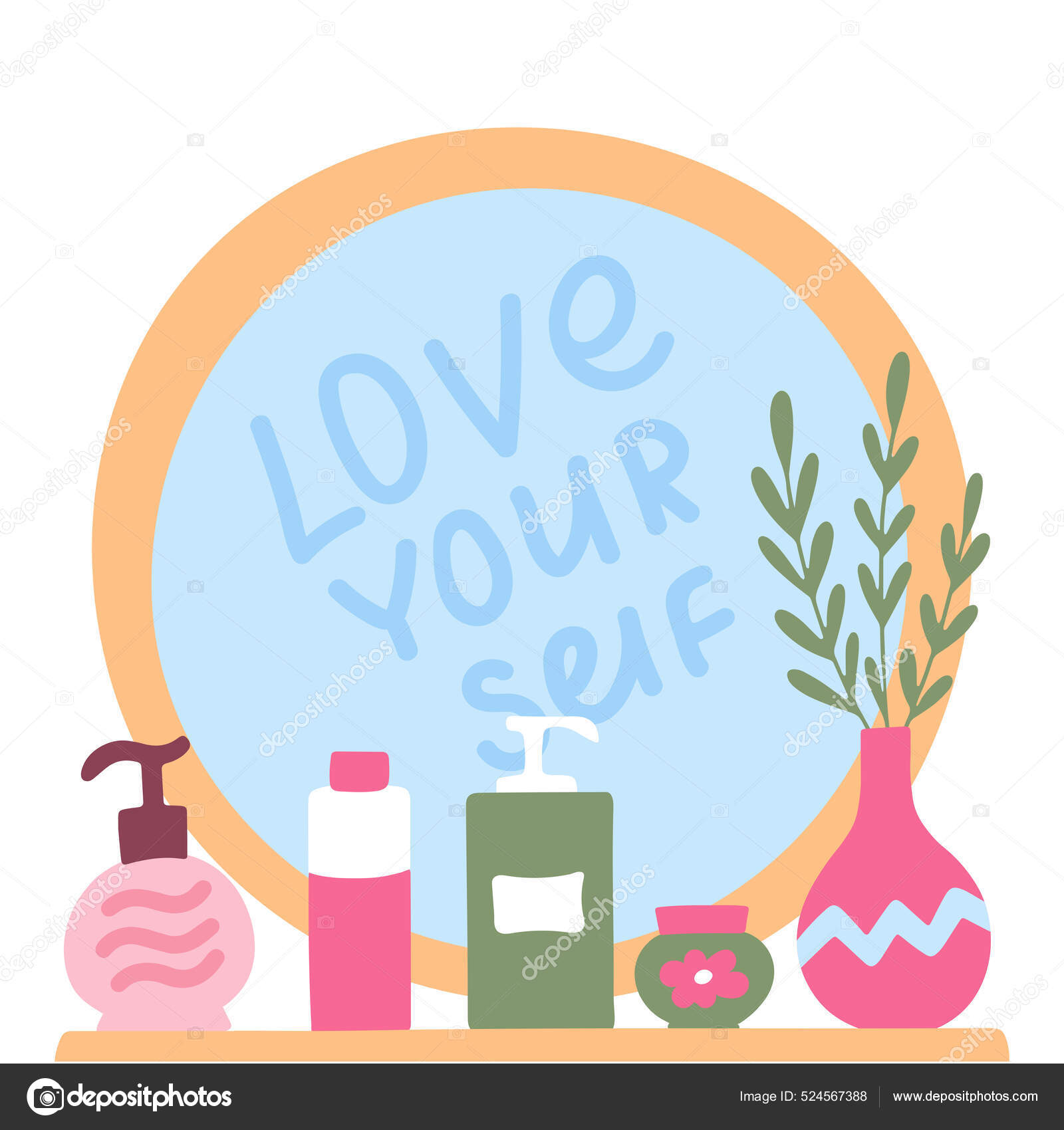 美しさの概念 手紙を書くのが好き ラウンドミラーとスキンケア化粧品とバスルームの棚 ベクトル手描きイラスト ストックベクター C Katyamorena